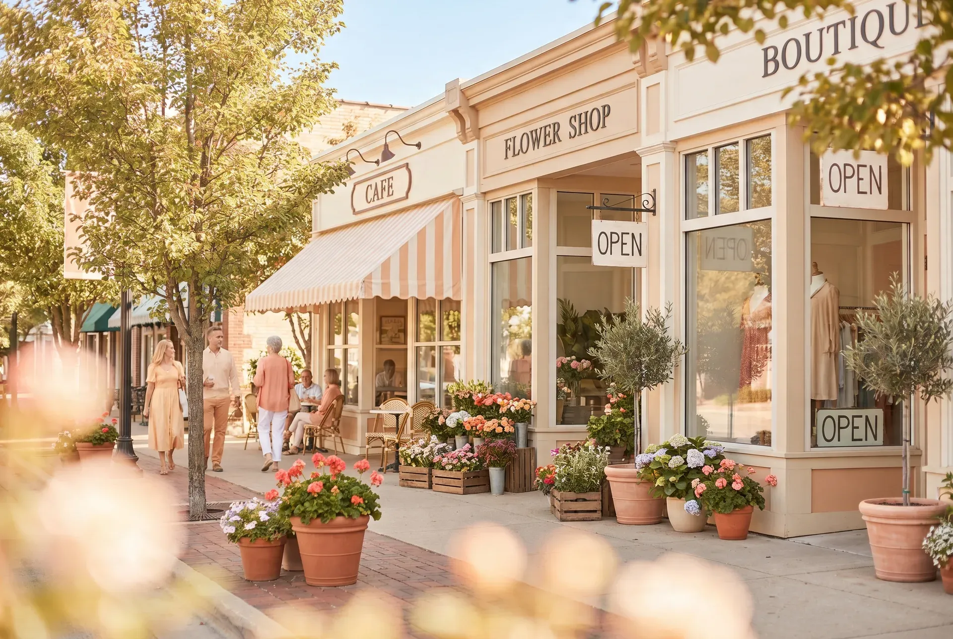 A small-town main street of local shops in the Will County area