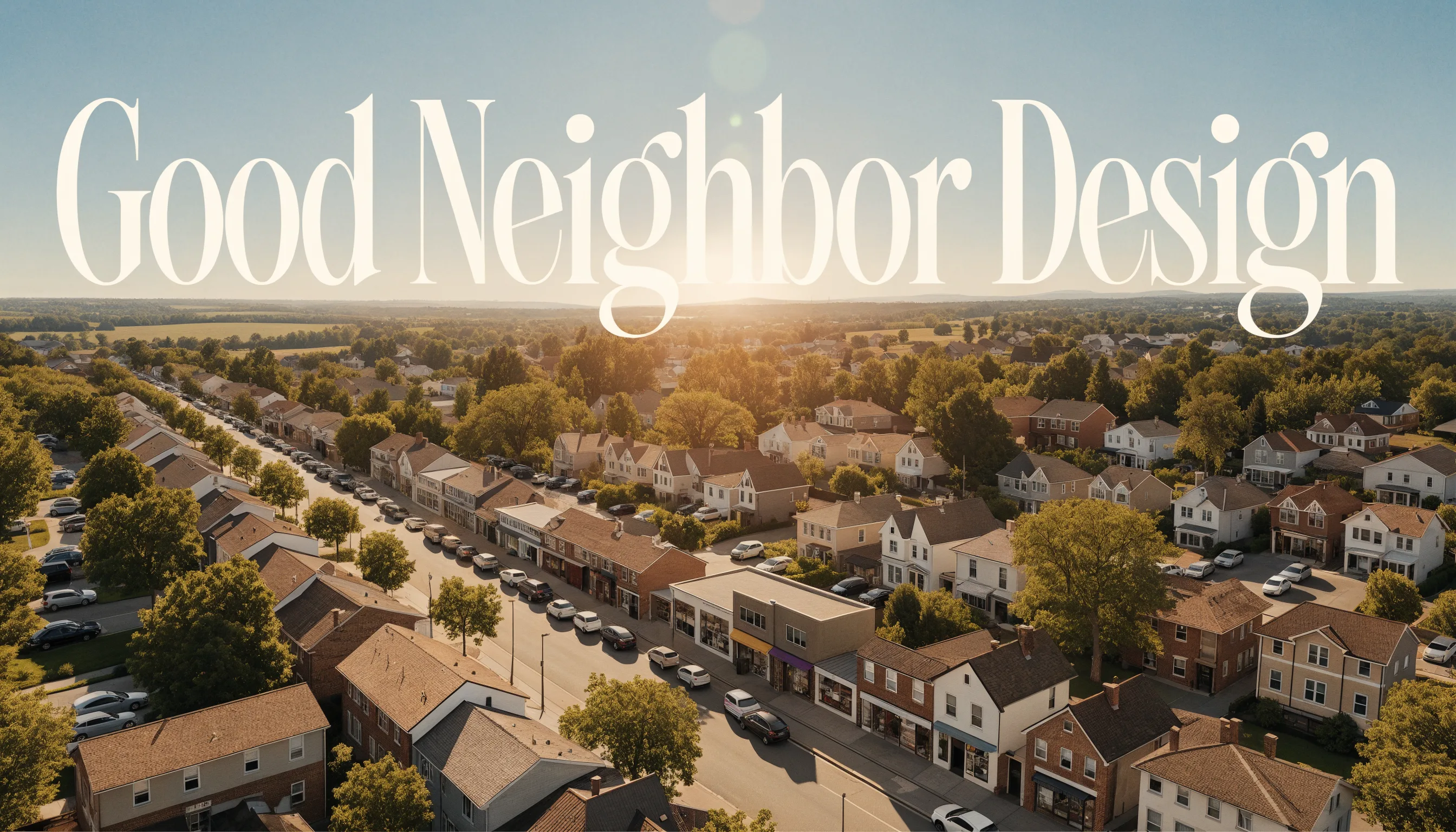 Overhead view of a small neighborhood with shops along a main street, Good Neighbor Design